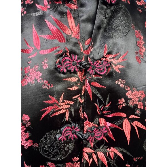 Vintage Asian-Inspired Black & Red Floral Satin Jacket With Frog Closures & Pock - Picture 6 of 8
